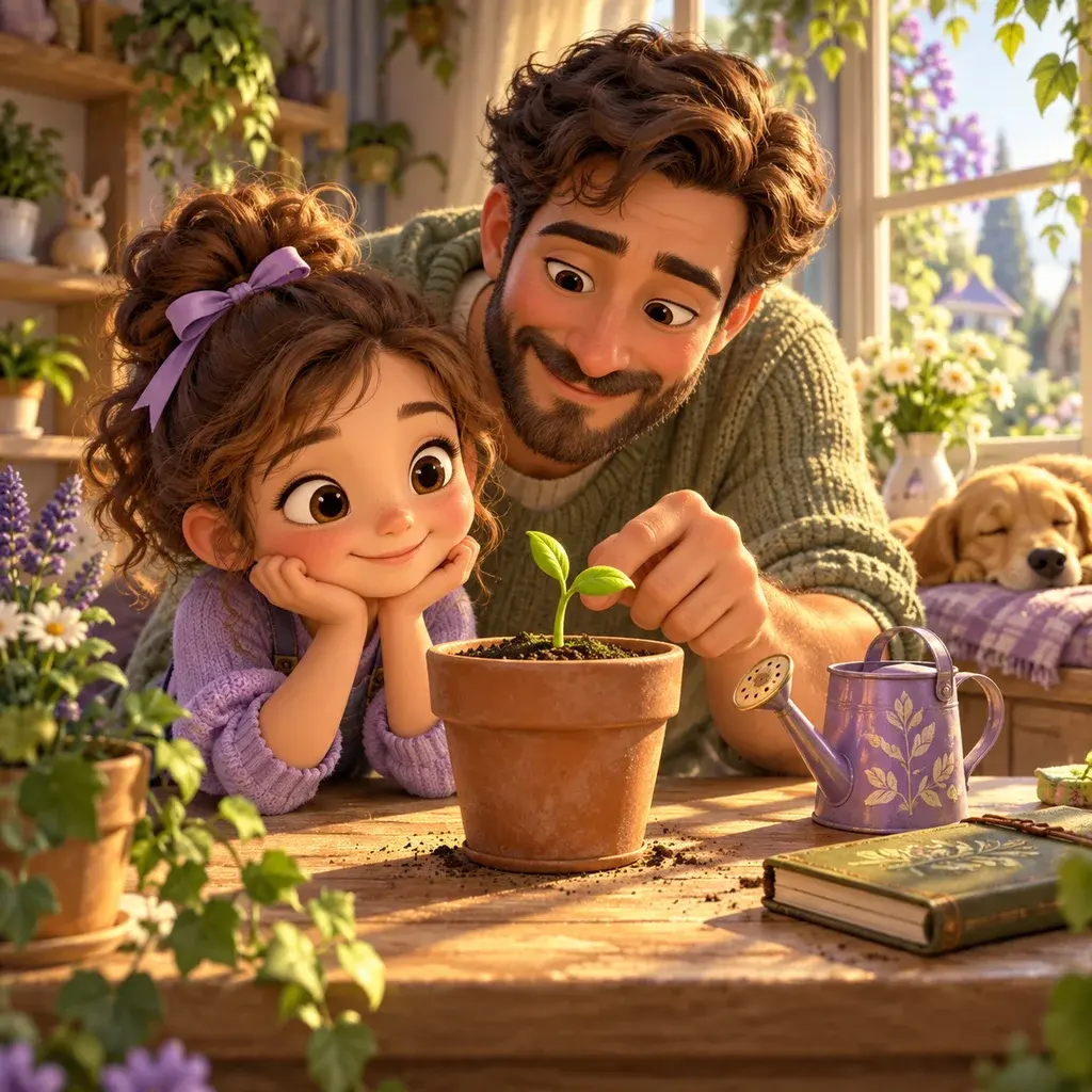 Nora and Dad admire a new green bean shoot in a pot on a sunny windowsill.
