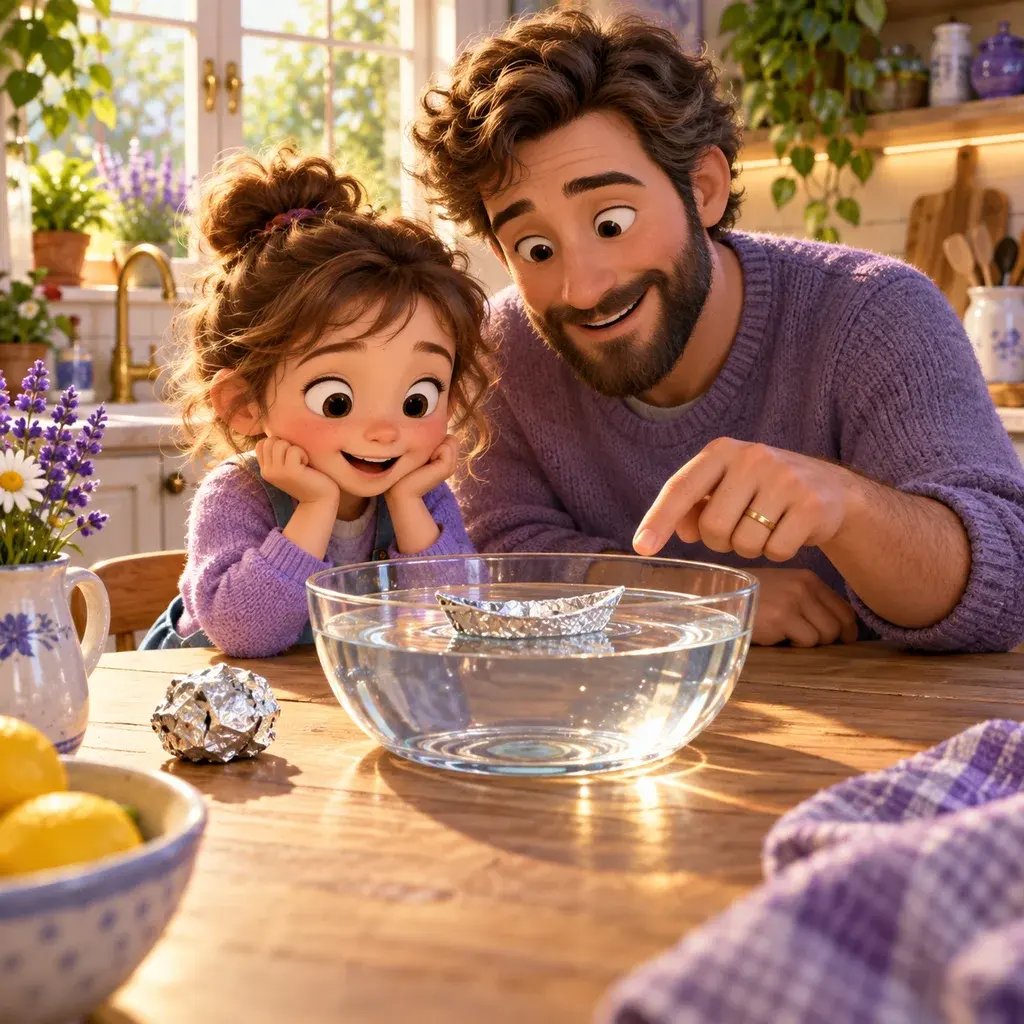 Jo and Dad watch a little foil boat float in a bowl of water.