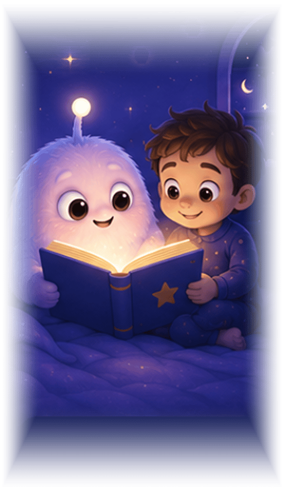 Whylo and a child enjoying an open storybook