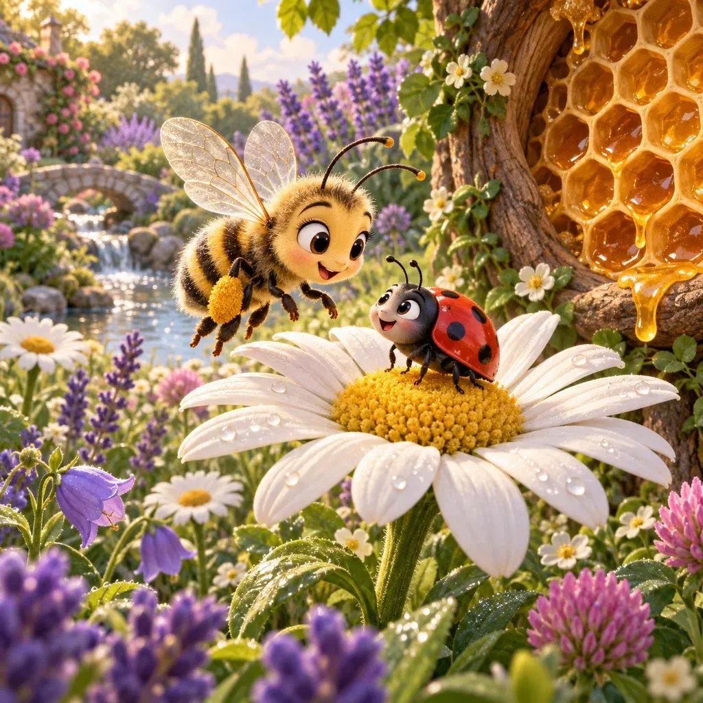 Bea the honeybee visits a daisy beside a ladybird, with honeycomb nearby.