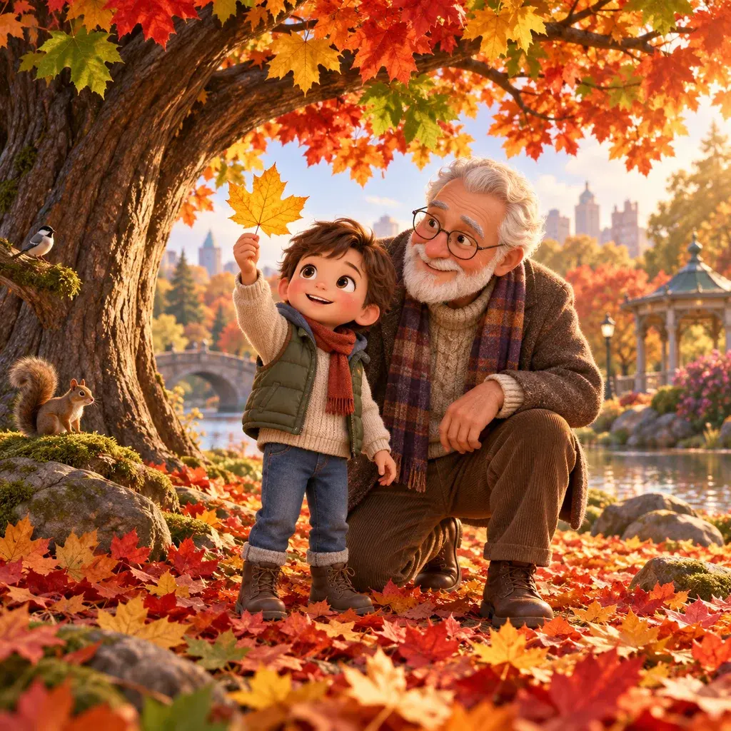 Sam and Grandpa discover red, yellow, and orange leaves beneath a maple tree.