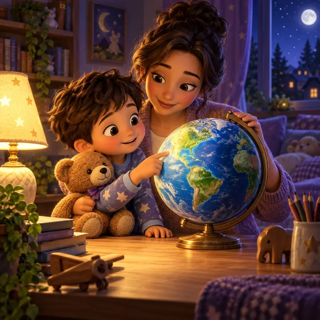 Amir and Mum explore day and night with a globe, a lamp, and Teddy.