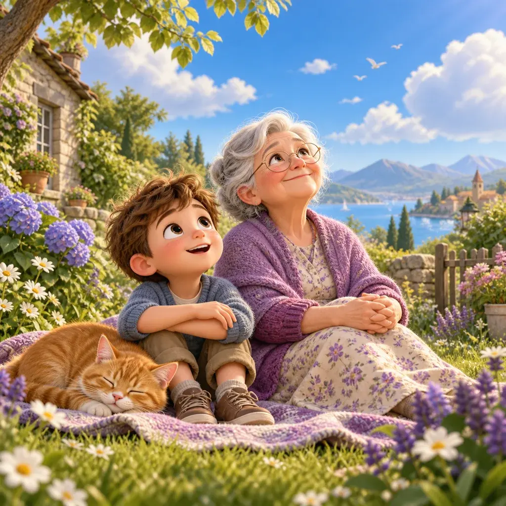 Milo and Grandma look up at the blue sky from a garden, with their cat beside them.