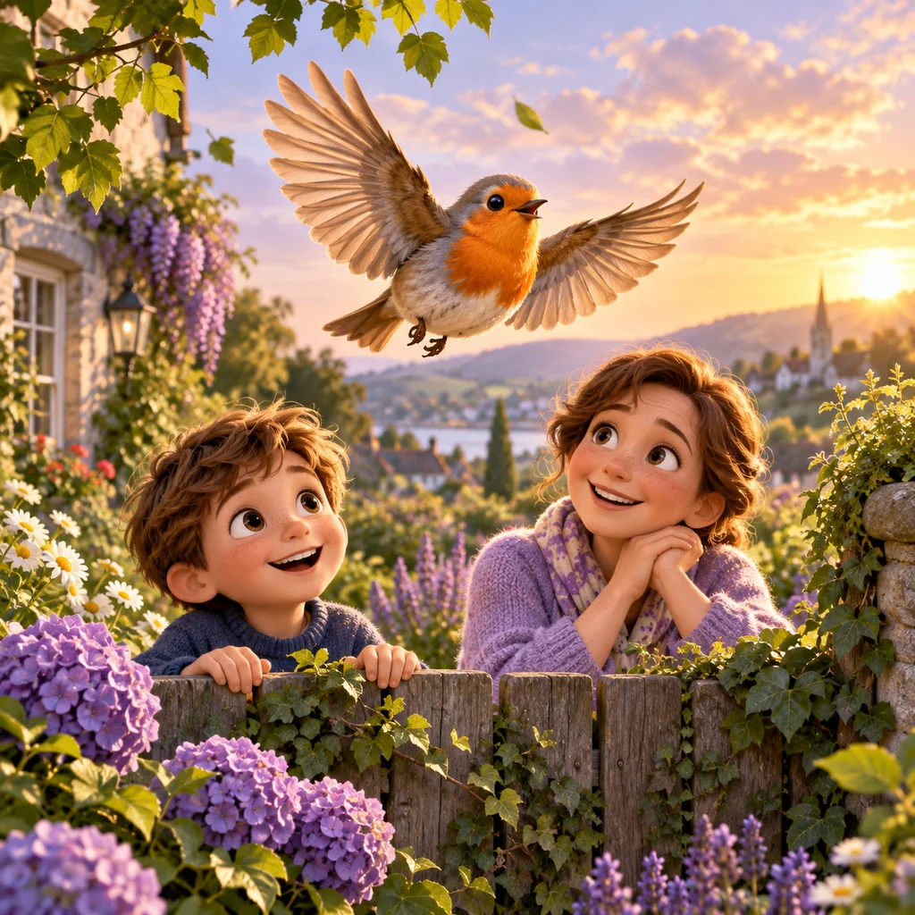Ben and Auntie watch a robin glide with its wings spread in a breezy garden.