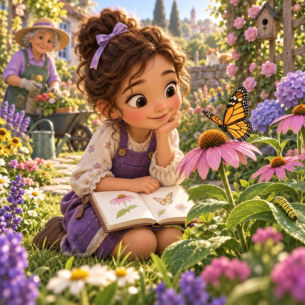 Eva watches an orange butterfly visiting a flower in the garden, with her notebook open.