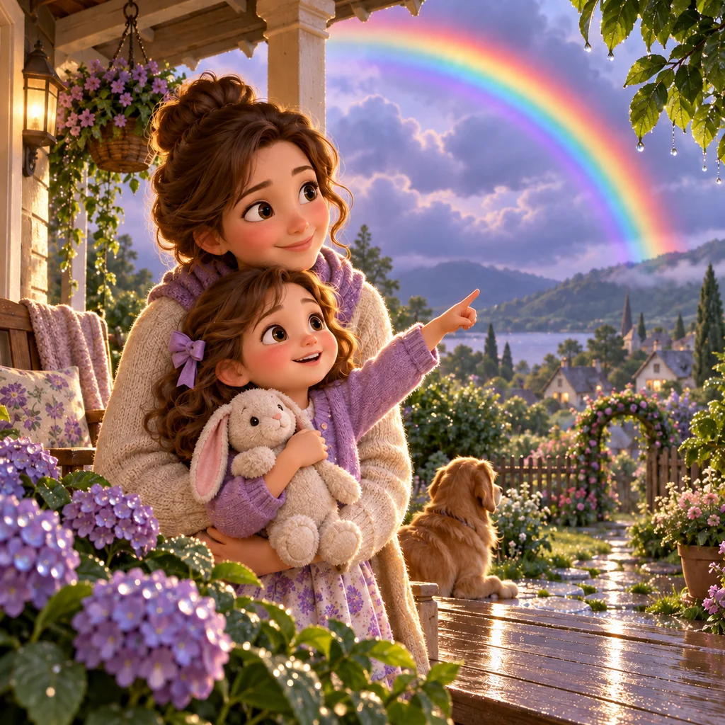 Tess and Mum watch a rainbow from the porch while Tess holds her stuffed rabbit.