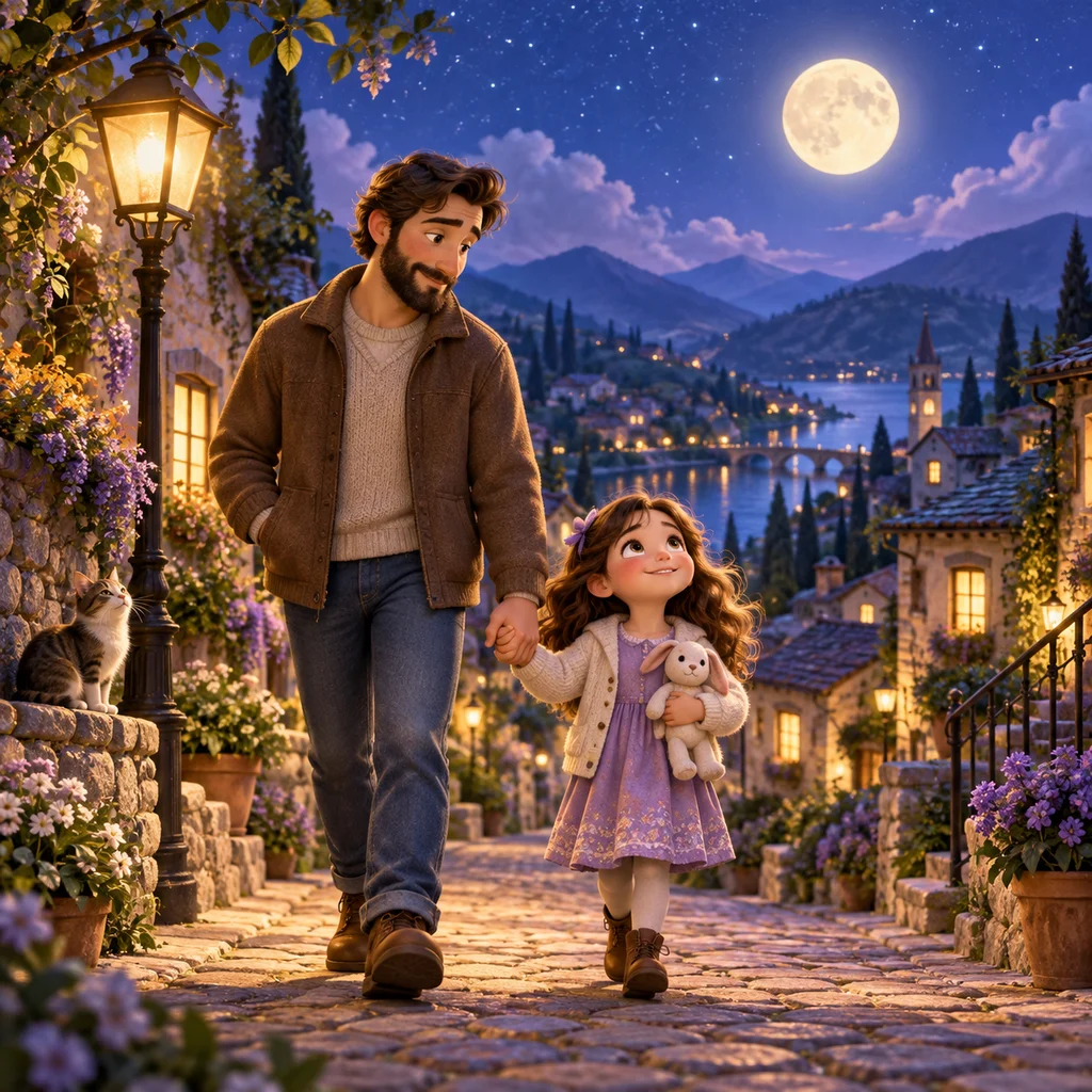 Lila and Dad walk home beneath the Moon, past a lamp post and distant hills.
